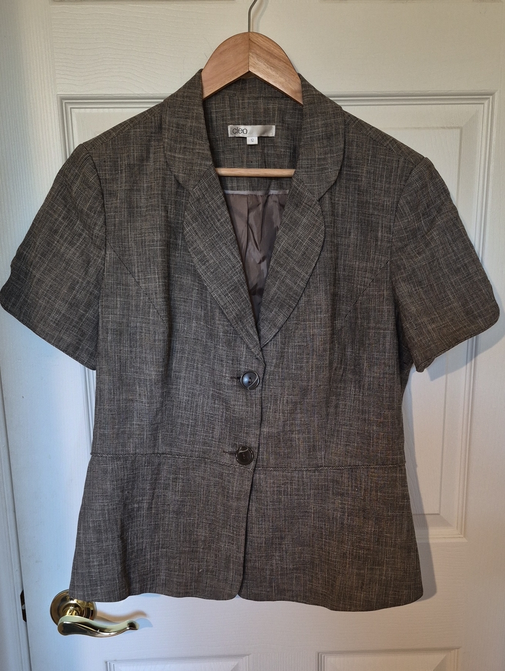 Cleo Brown Tan Crosshatch Short Sleeve Blazer Tulip Cuff Detail Size 12